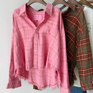 R13 NWOT Frayed checked cotton-flannel shirt S